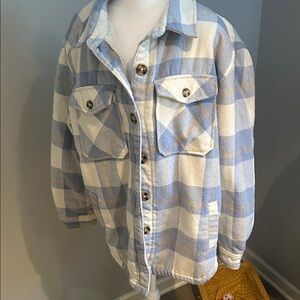 Plaid Shirt Jacket in Blue and Cream